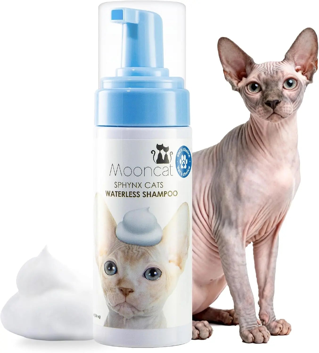 Waterless cat shampoo foam bottle with pump and hairless Sphynx cat