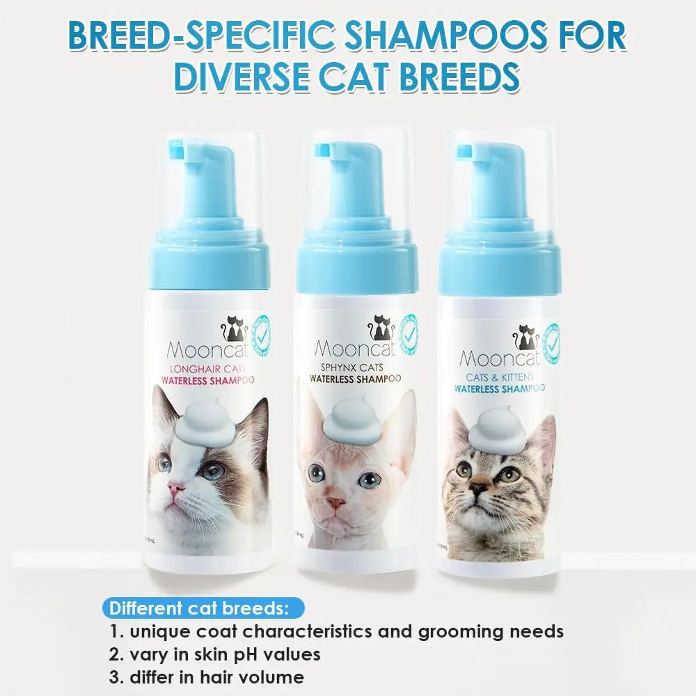Waterless cat shampoo foam bottles with blue pump caps in a row