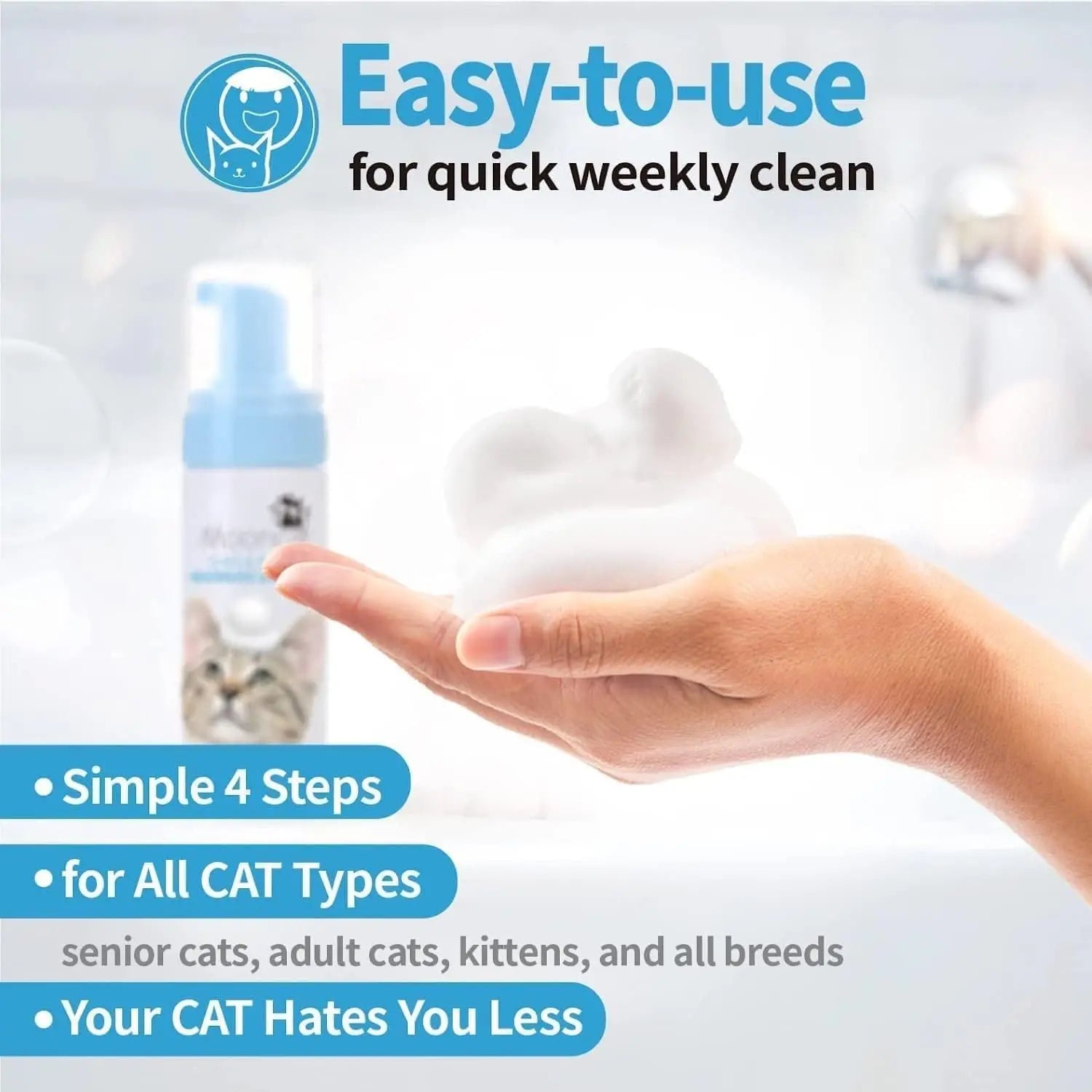 Waterless cat shampoo foam bottle with foam in hand for quick weekly clean