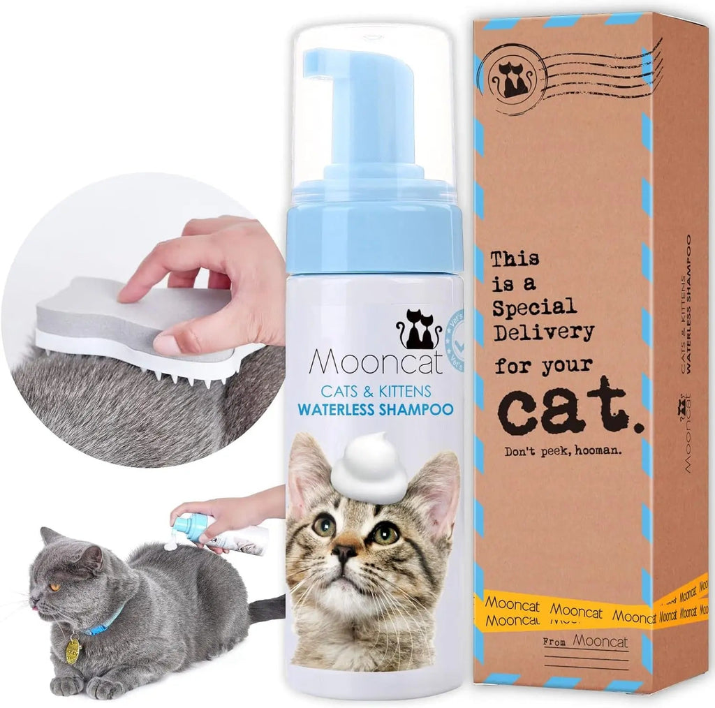Waterless cat shampoo foam and brush kit with pump bottle and grooming brush, plus box