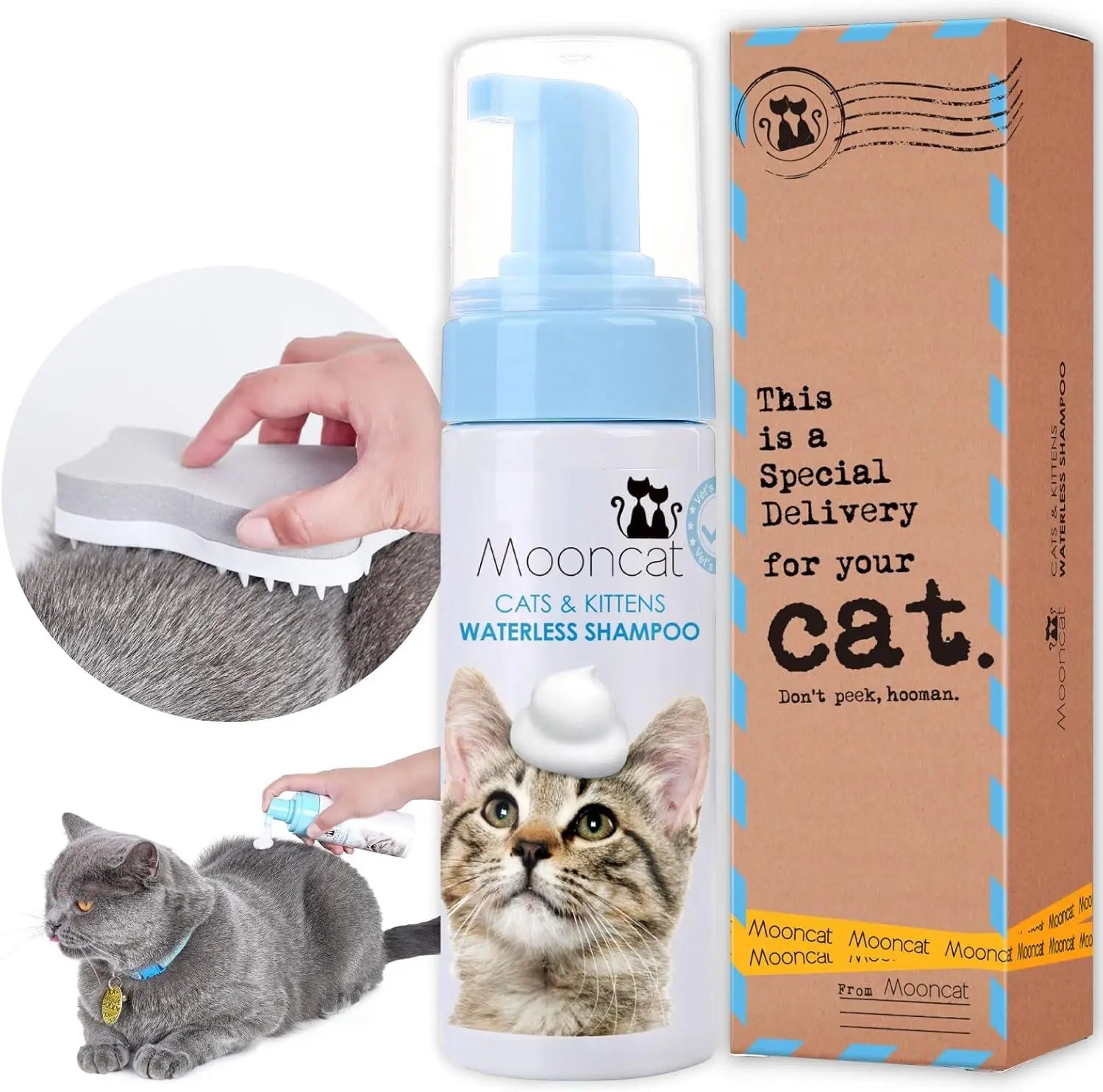 Waterless cat shampoo foam and brush kit with pump bottle and grooming brush, plus box