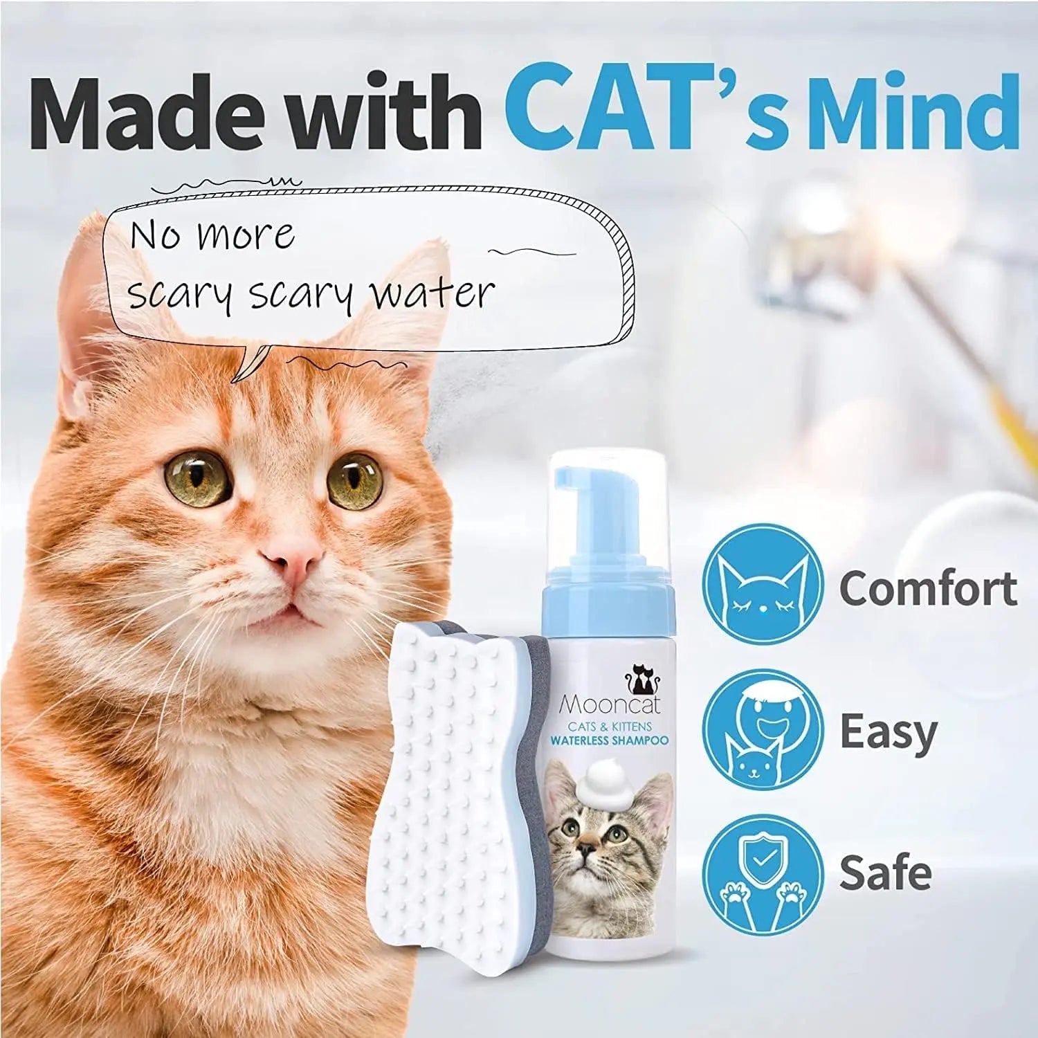 Waterless cat shampoo foam and brush kit with grooming brush shown beside bottle near cat