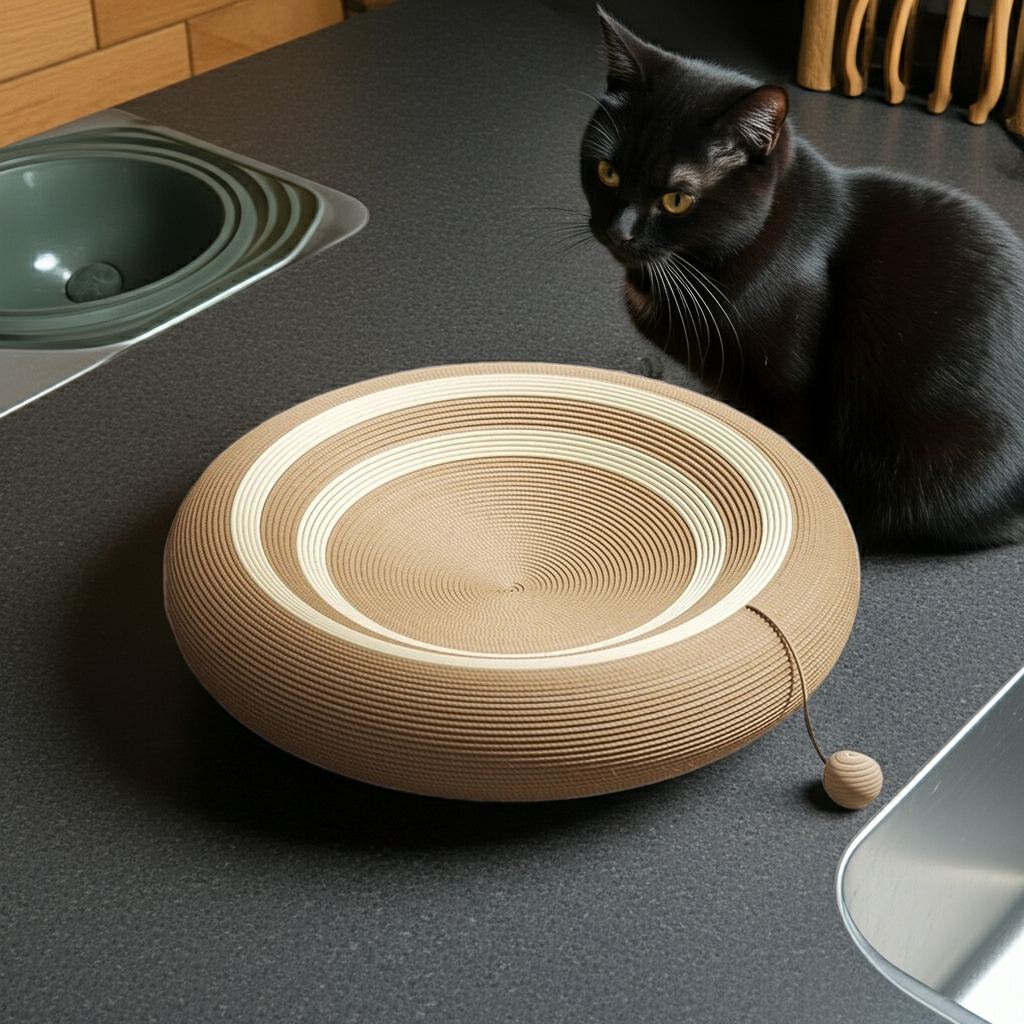 Round sisal cat scratch nest with natural rope coils and small wooden scratch ball