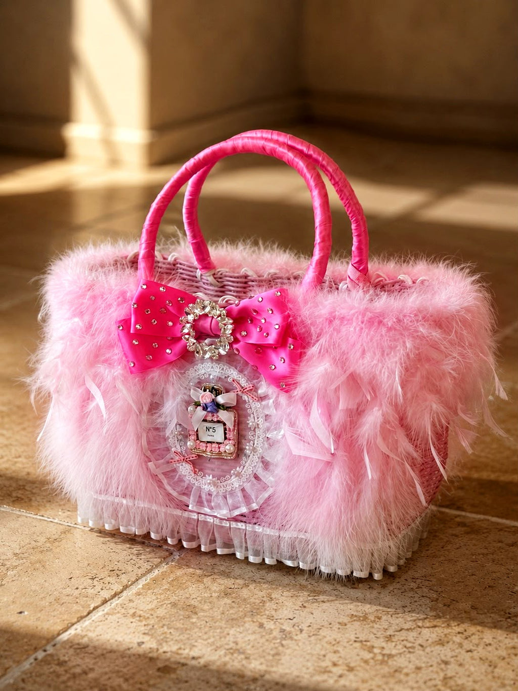Luxury Pink Feather Pet Carrier Bag with Bow & Crystal Charm – Designer Dog Tote for Small Dogs Cats