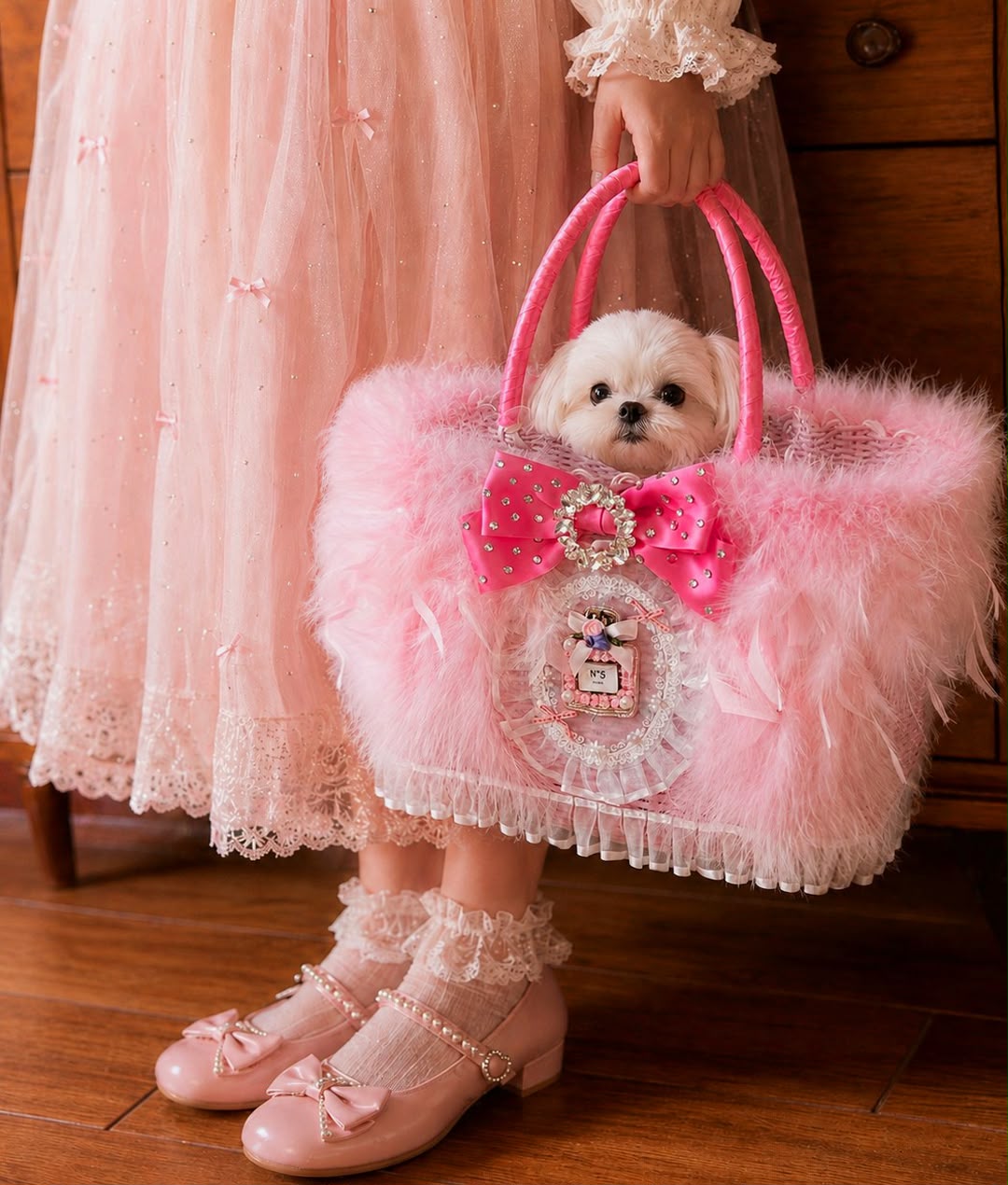 Luxury Pink Feather Pet Carrier Bag with Bow & Crystal Charm – Designer Dog Tote for Small Dogs Cats