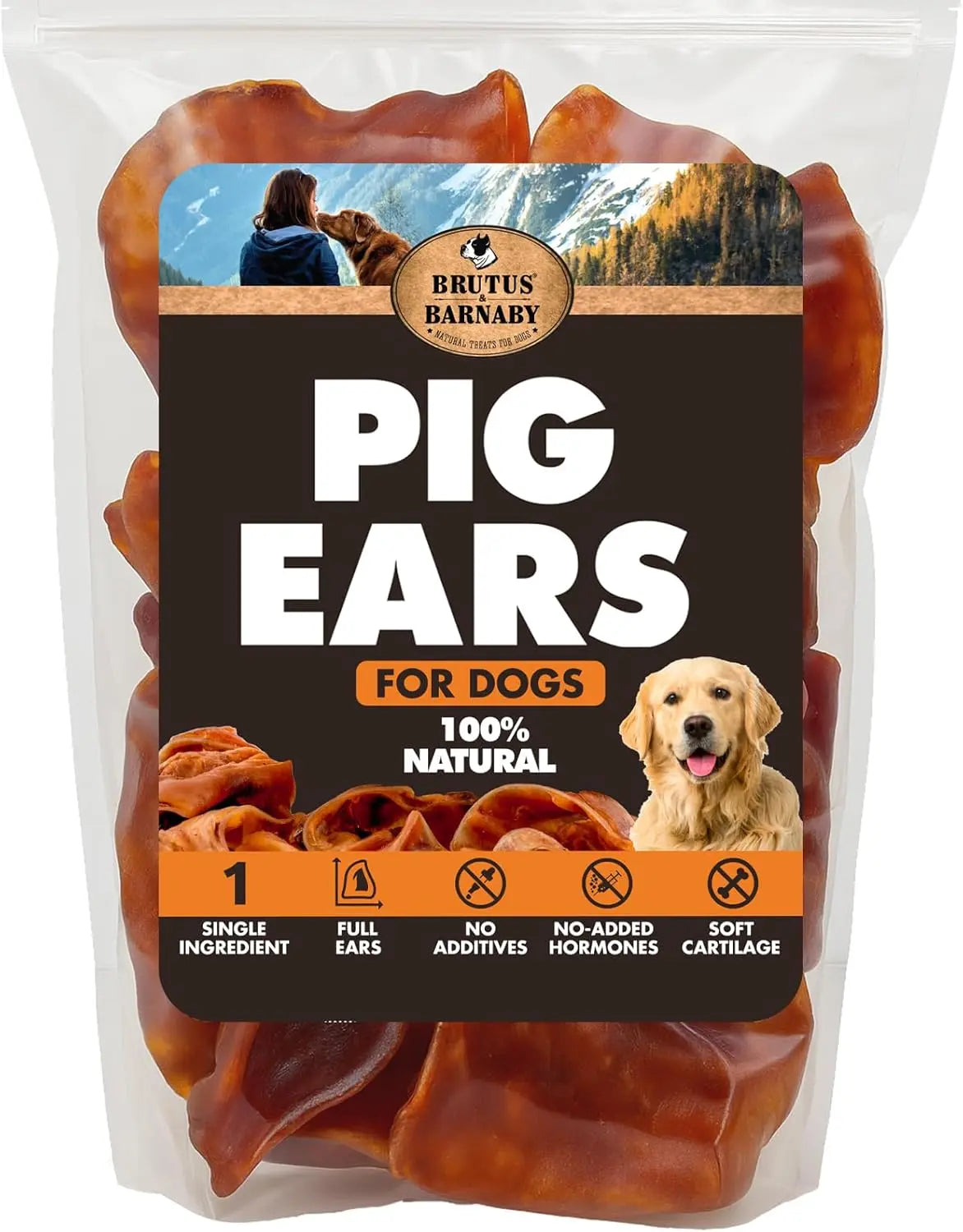 Pig ears for dogs treat bag with amber-brown whole ears