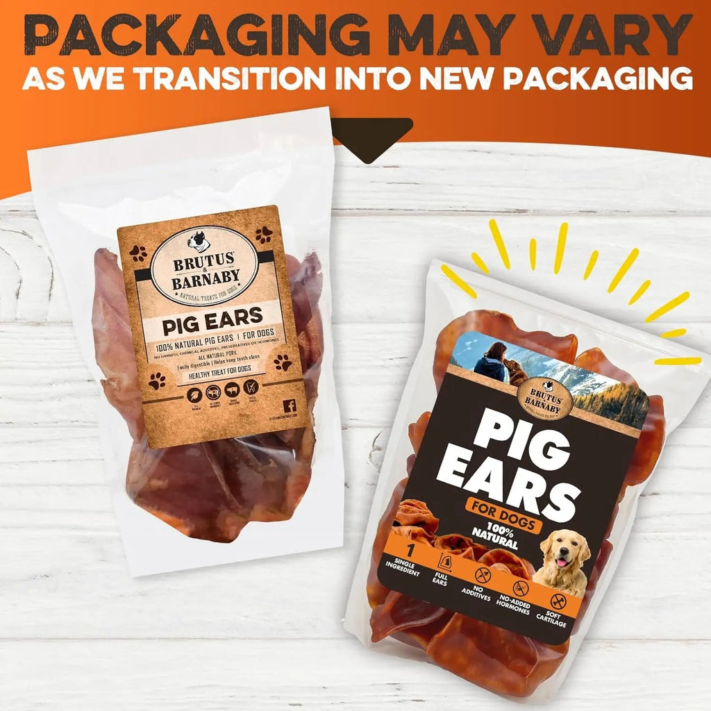 Pig ears for dogs treat bags with amber-brown ears, sealed packaging