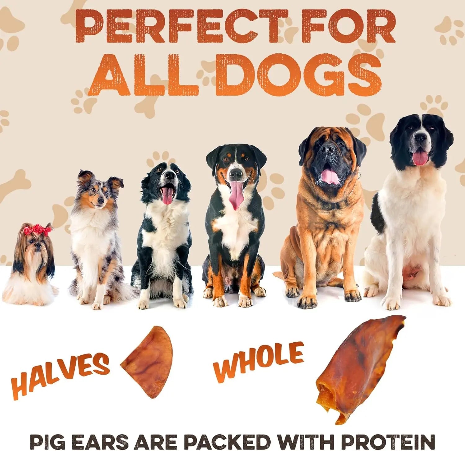 Whole and half pig ears dog treats, amber-brown pieces