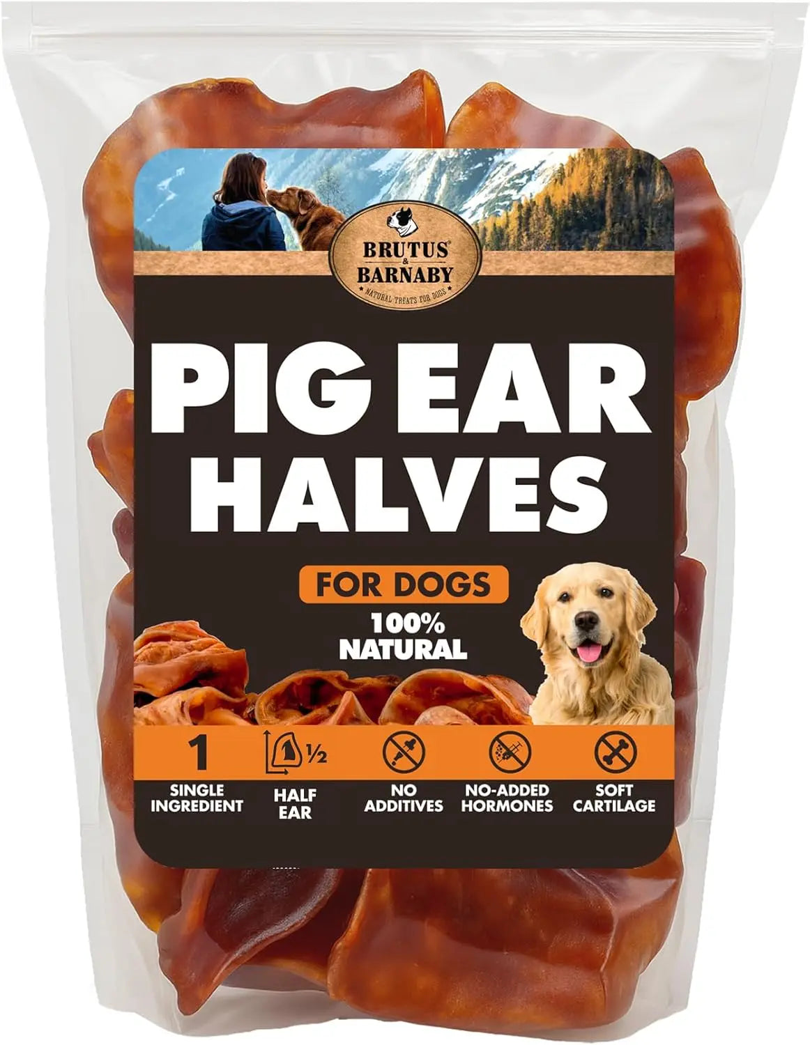 Pig ear halves dog treats, amber-brown dried half ears in clear plastic pouch