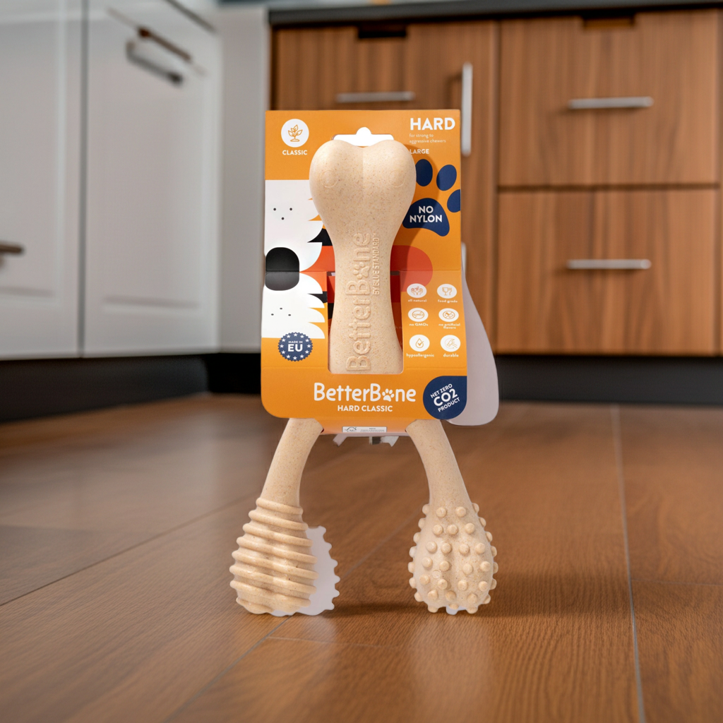 Hard chew toy bone with ridged body and textured studded ends