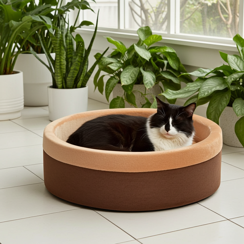Mocha indoor heated cat bed with round cushioned rim, black-and-white cat resting