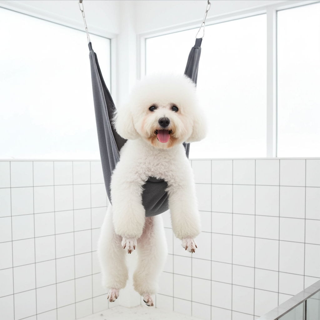 Gray grooming hammock harness suspended by two straps for pet grooming