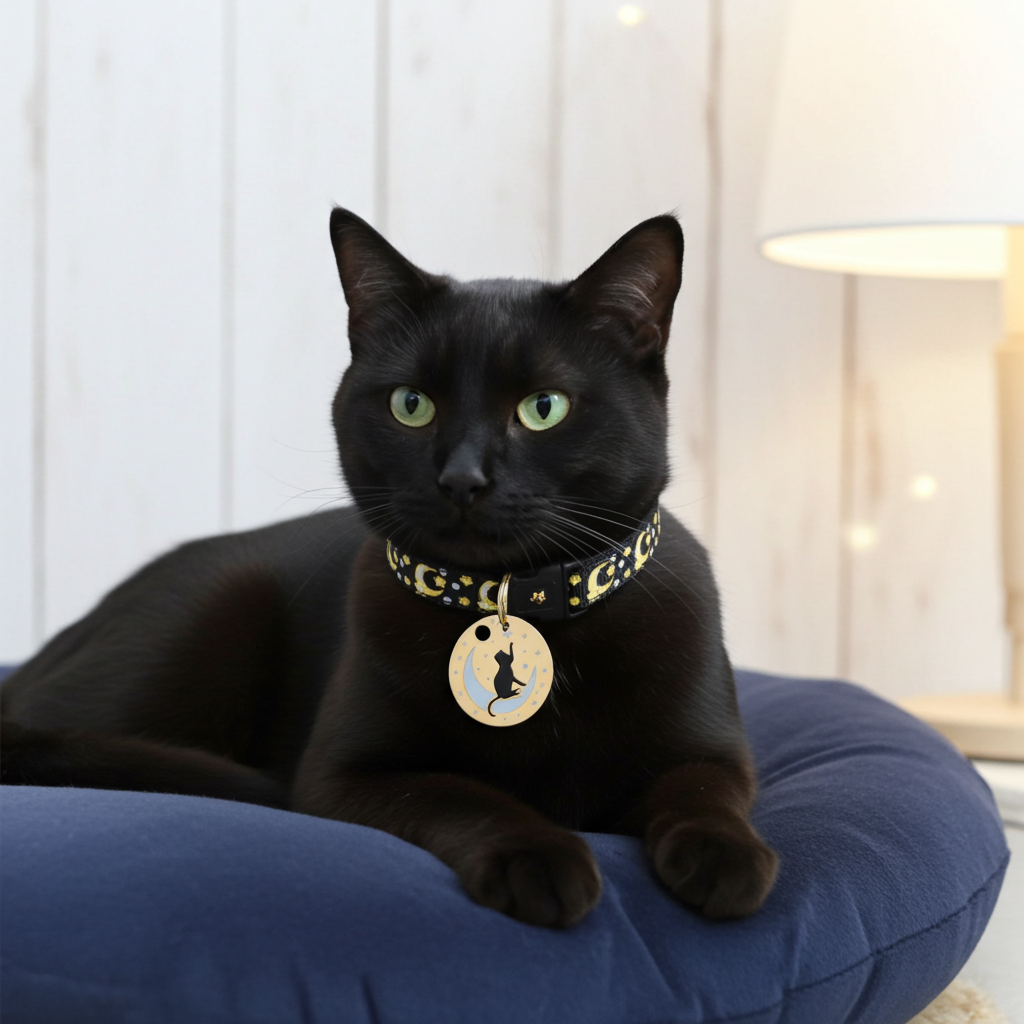Black cat collar with gold moons and stars and a round moon charm