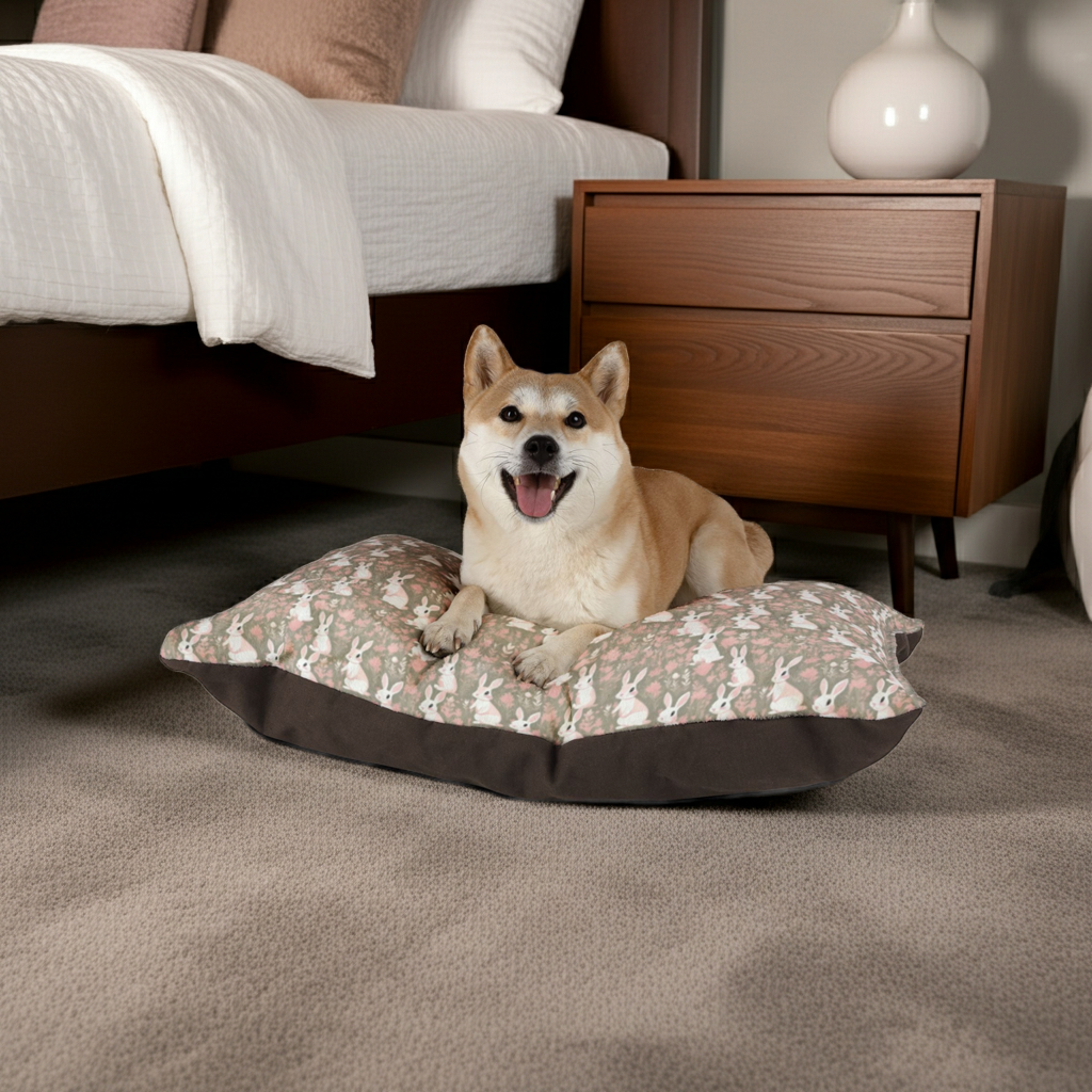 Blushing Meadow Bunny Parade Pet Bed — Coral Fleece, Removable Cover, 40" × 30"