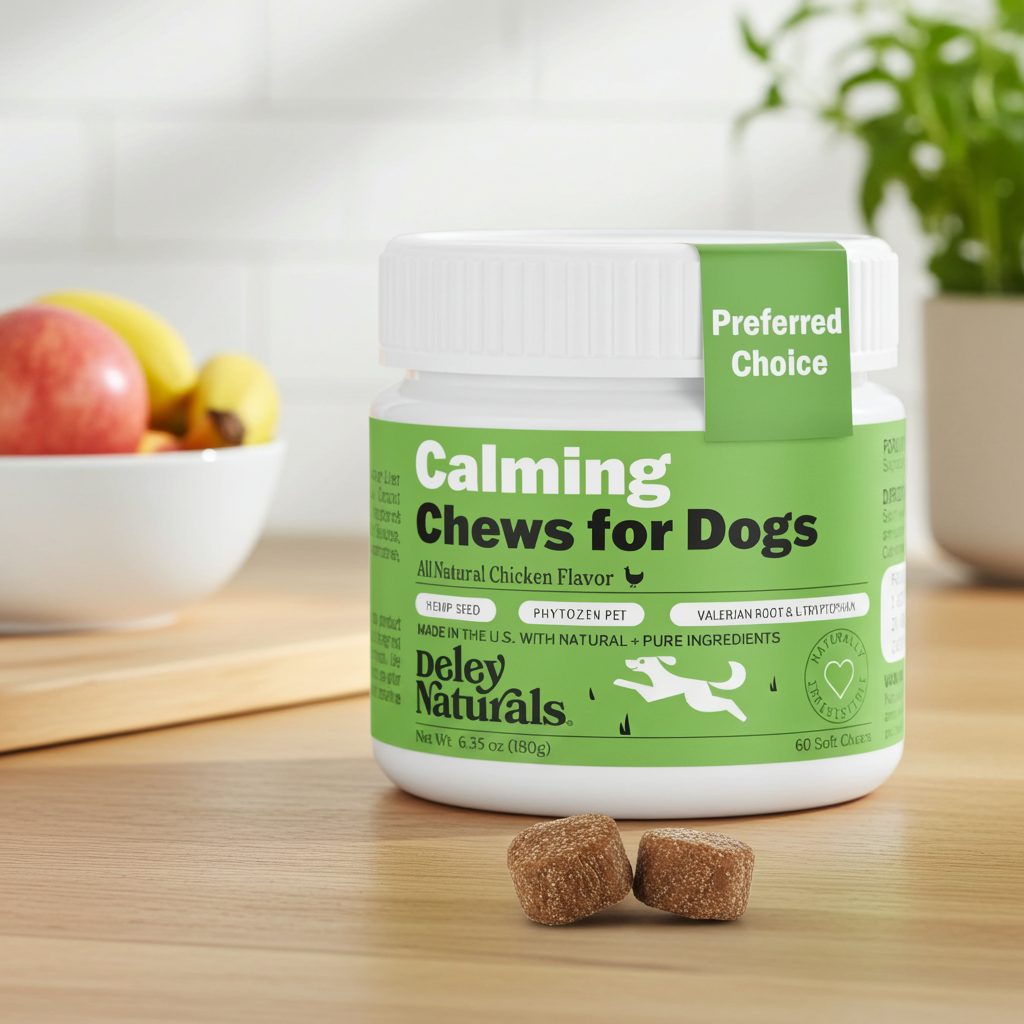 Dog calming chews bottle with white cap and three brown chew treats