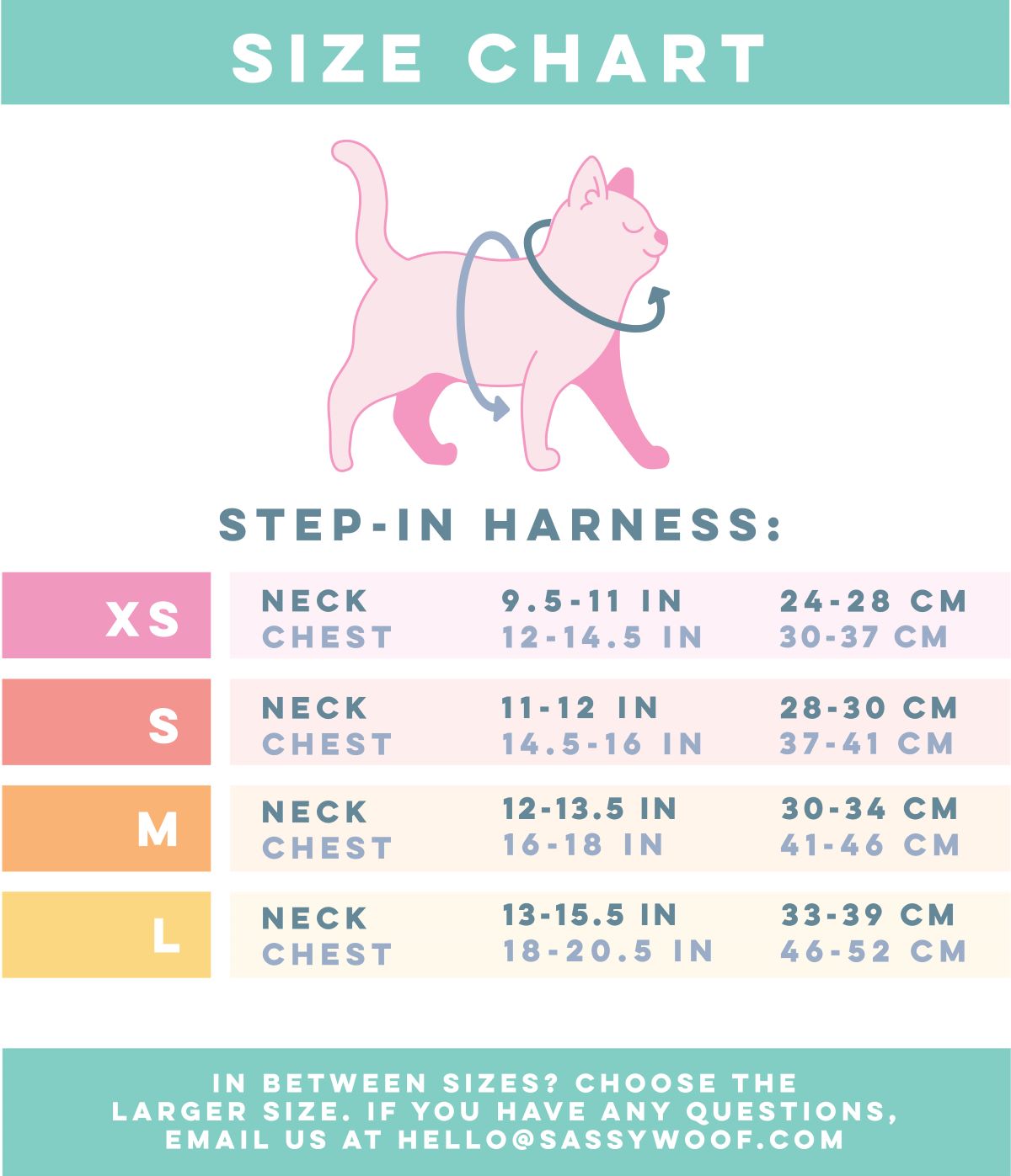 Cat step-in harness size chart with neck and chest measurements by size XS to L