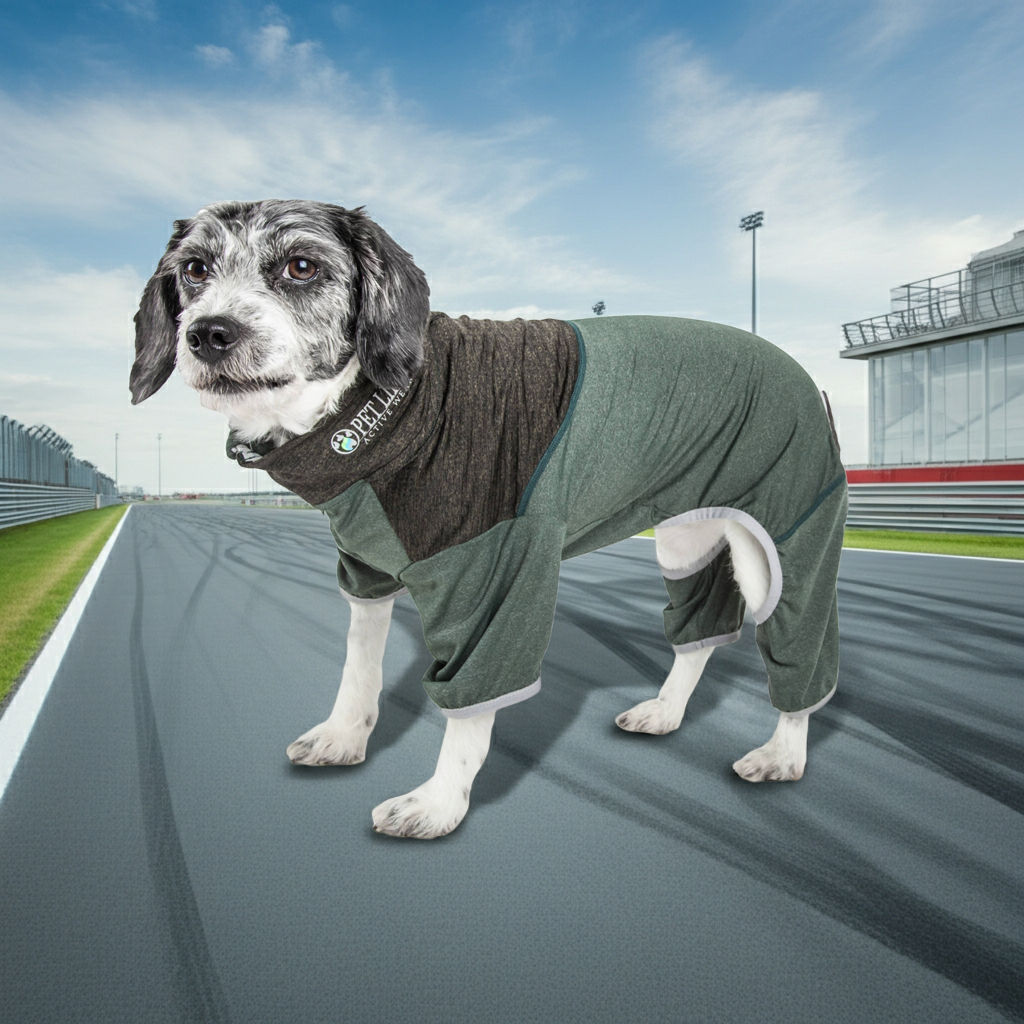 Dog full-body fitness tracksuit, dark green and gray, long sleeves and legs