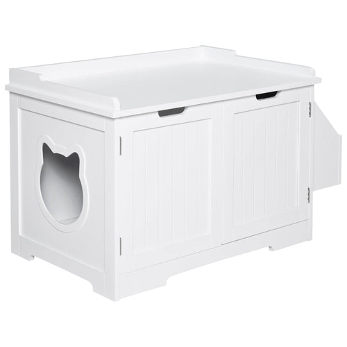 White cat litter box enclosure nightstand with front doors and oval access opening