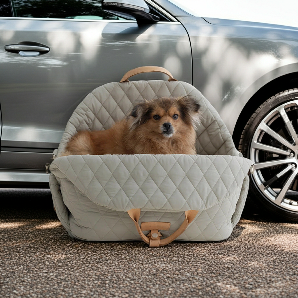 Quilted light gray pet handbag with tan shoulder strap and zipper-style opening