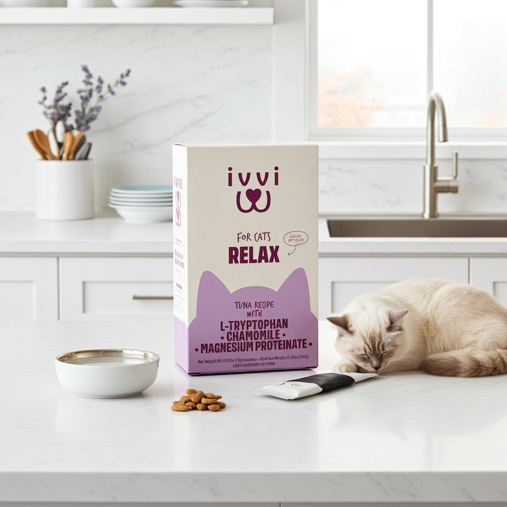 Cat calming treats box and beige cat treats on table, tuna recipe, 30 pack