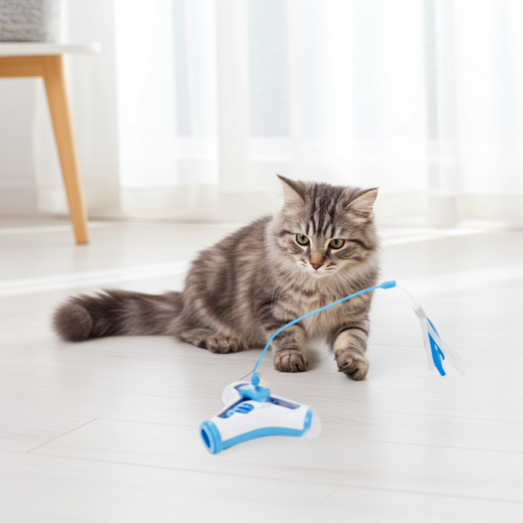Blue interactive teaser puzzle toy with wand and ribbon, with gray tabby cat.