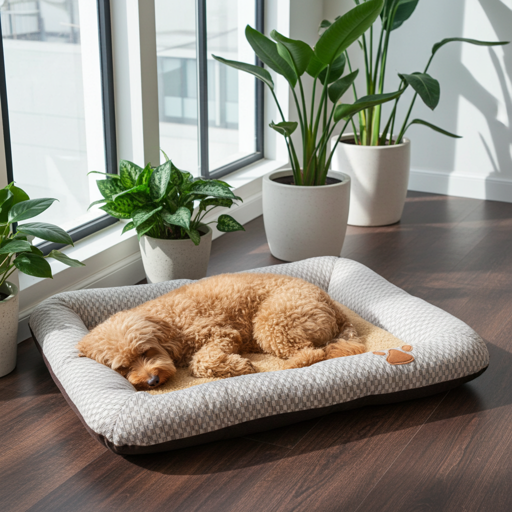 Square gray pet dog lounge bed with textured knit cover and bolster edge