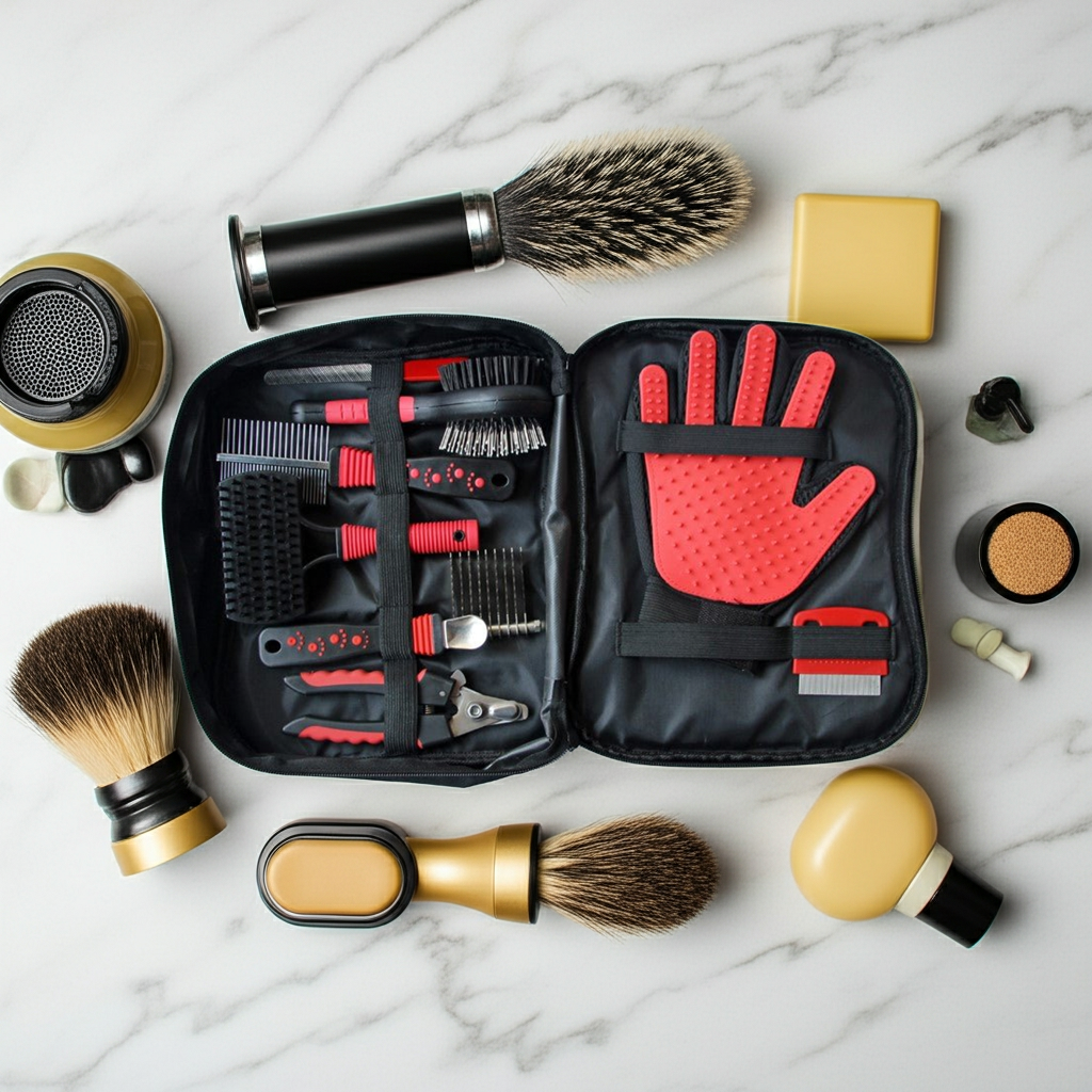 Pet grooming tool kit with multiple brushes and a red silicone hand grooming glove