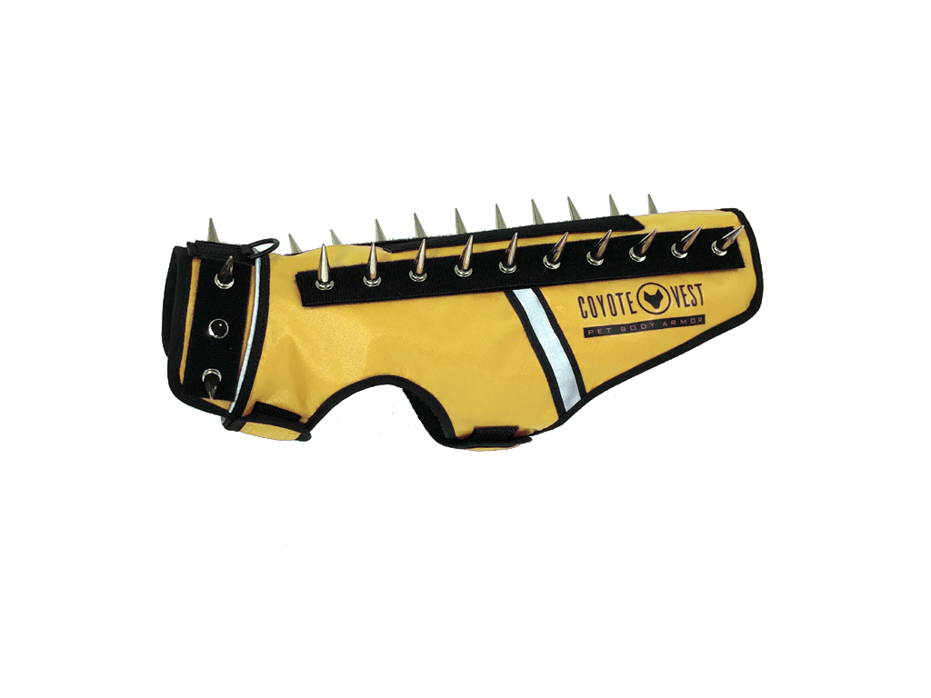 Yellow spike cat vest with black spikes and white stripe, logo patch