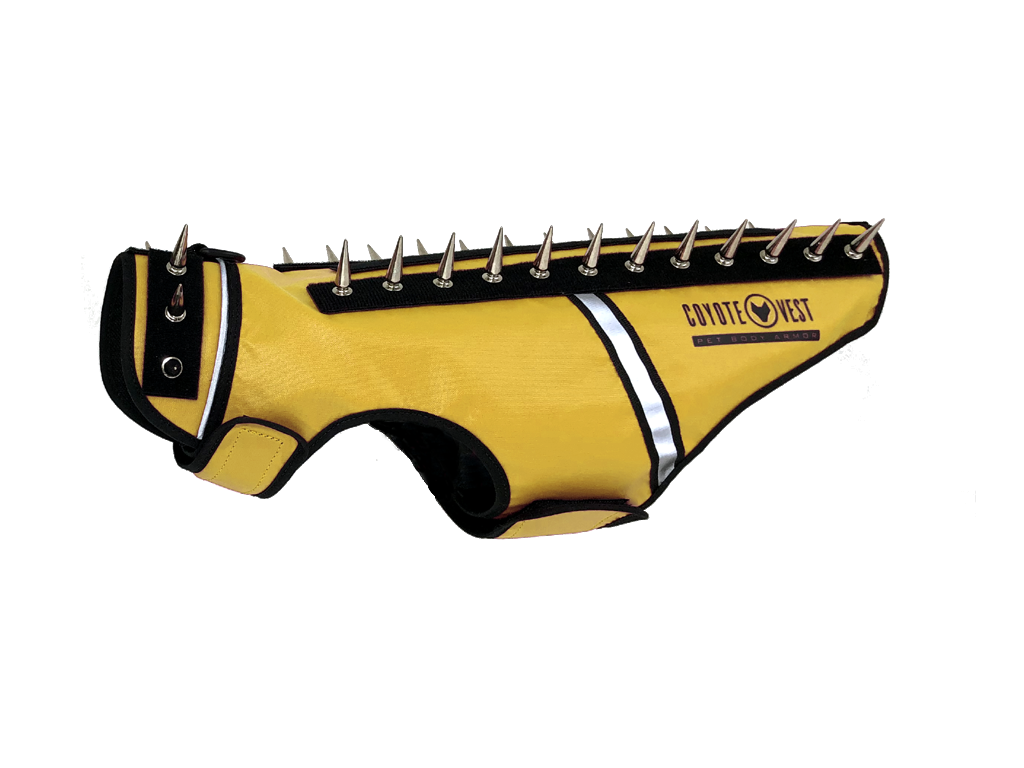 Cat spike vest in yellow with black trim, white piping, and metal spikes across top