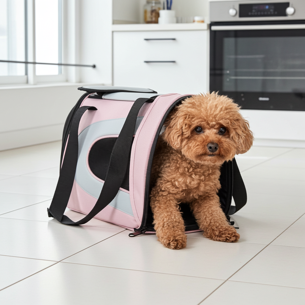 Pet dog carrier, pink and cream sporty mesh with front zipper door and side handles