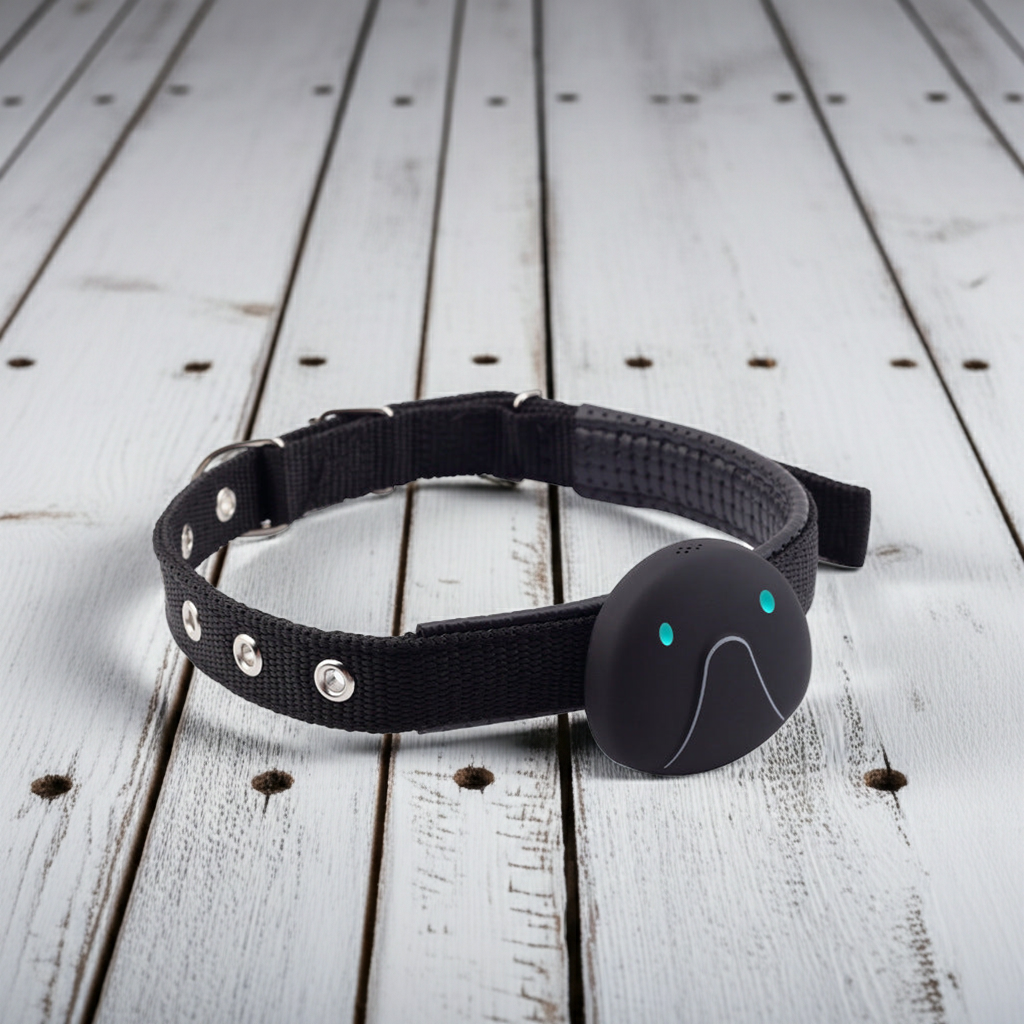 Black pet smart wearable locator collar with adjustable strap and round tracker