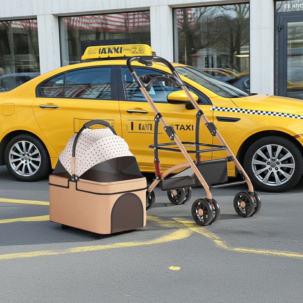 Foldable pet travel carrier stroller in tan with dotted canopy and black door panel