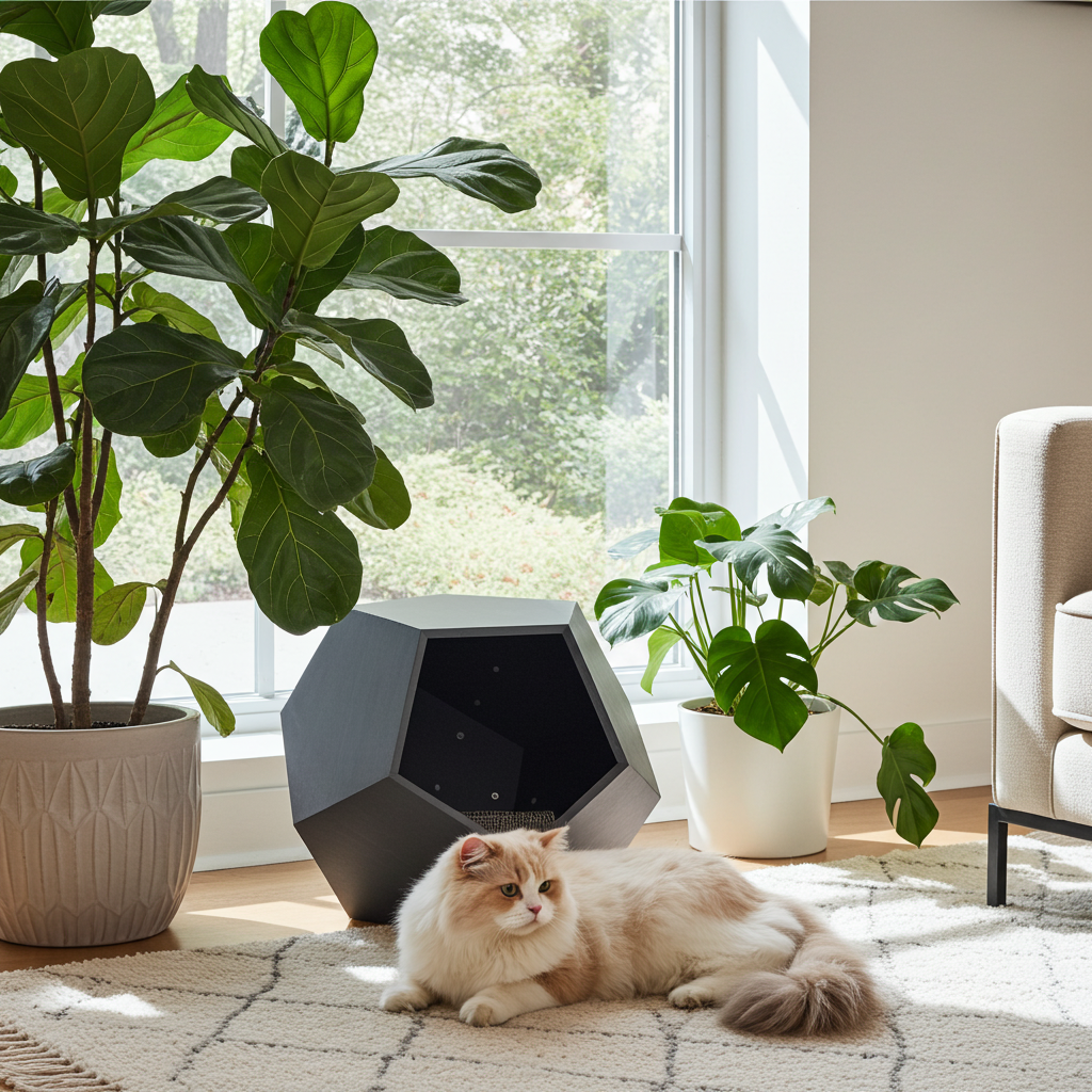Cat litter furniture with dark gray triangular entry opening and enclosed interior