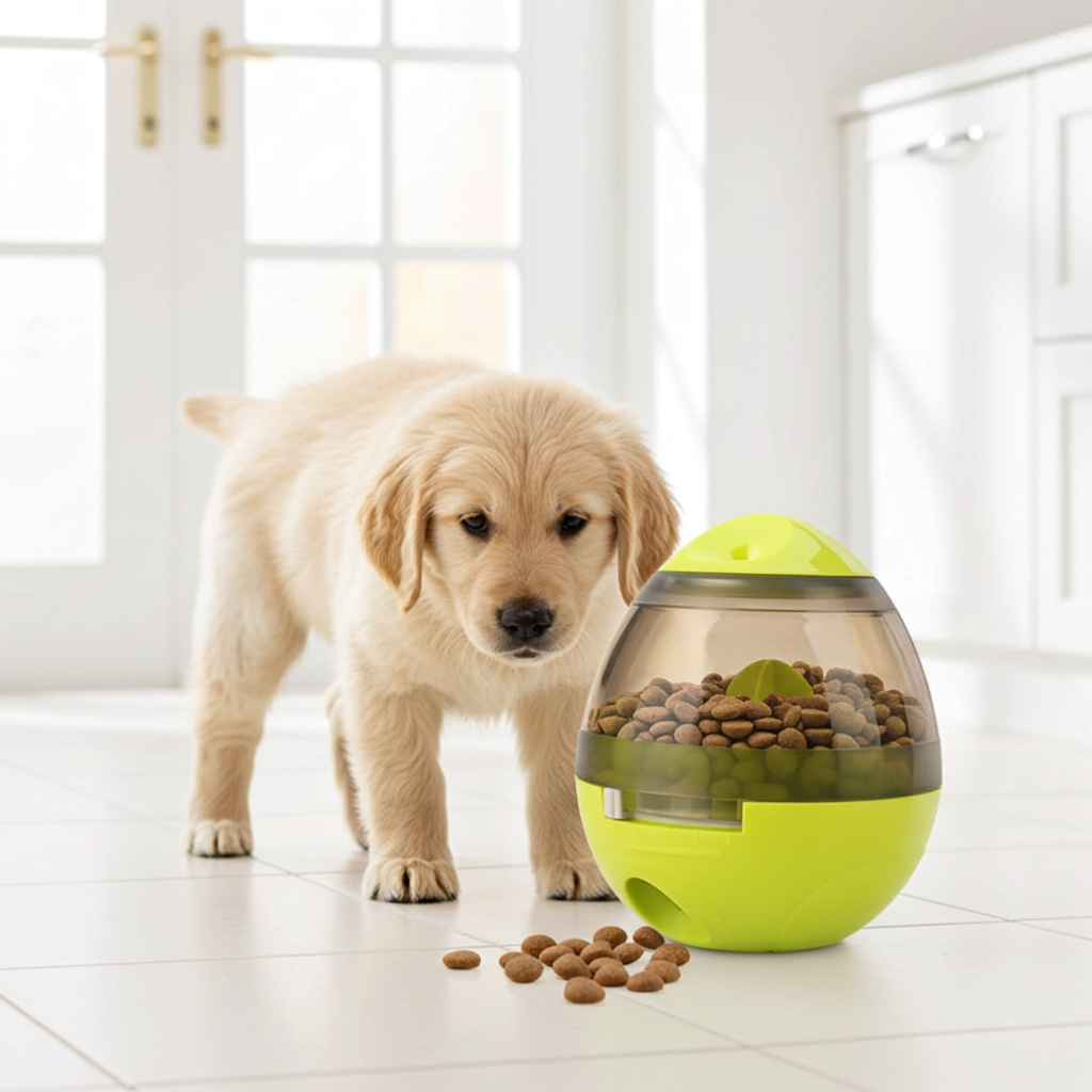 Green pet food feeder dispenser toy with clear top container and kibble