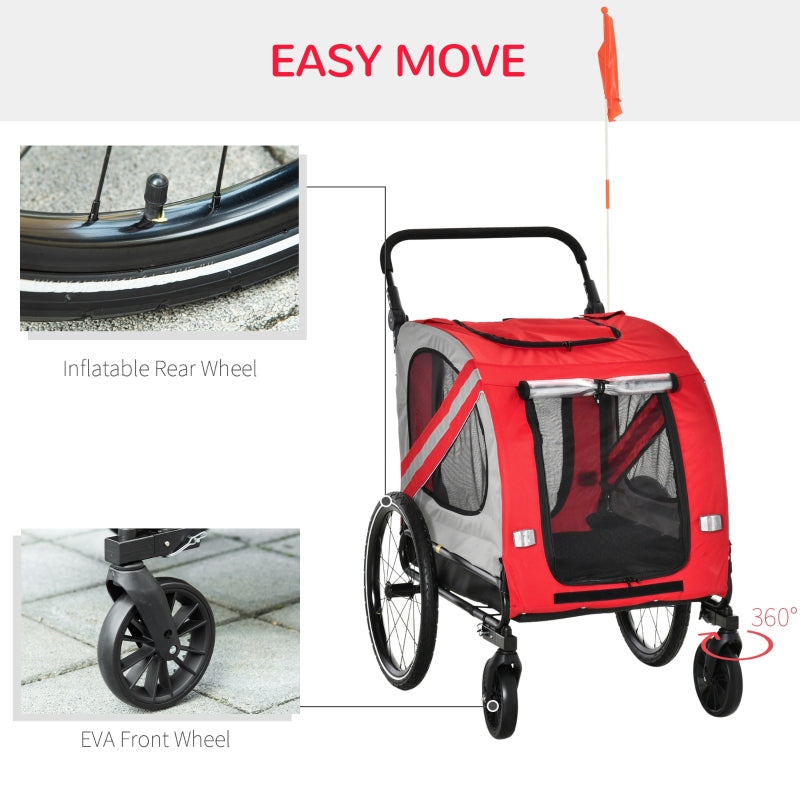 Red pet bike trailer stroller with canopy handle and rear safety flag
