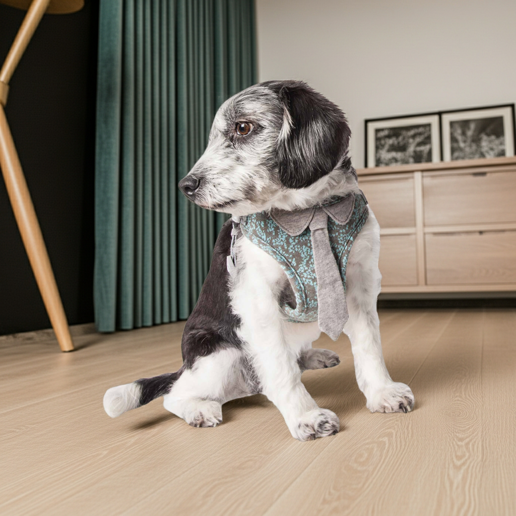 Teal patterned dog harness with designer neck tie, worn by small black-and-white dog
