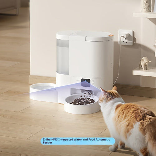 AI all-in-one cat feeder and water fountain, white base with dual ceramic bowls