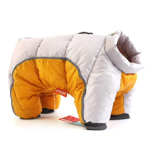 Light gray hooded pet winter puffer coat with orange inner lining and grippy cuffs