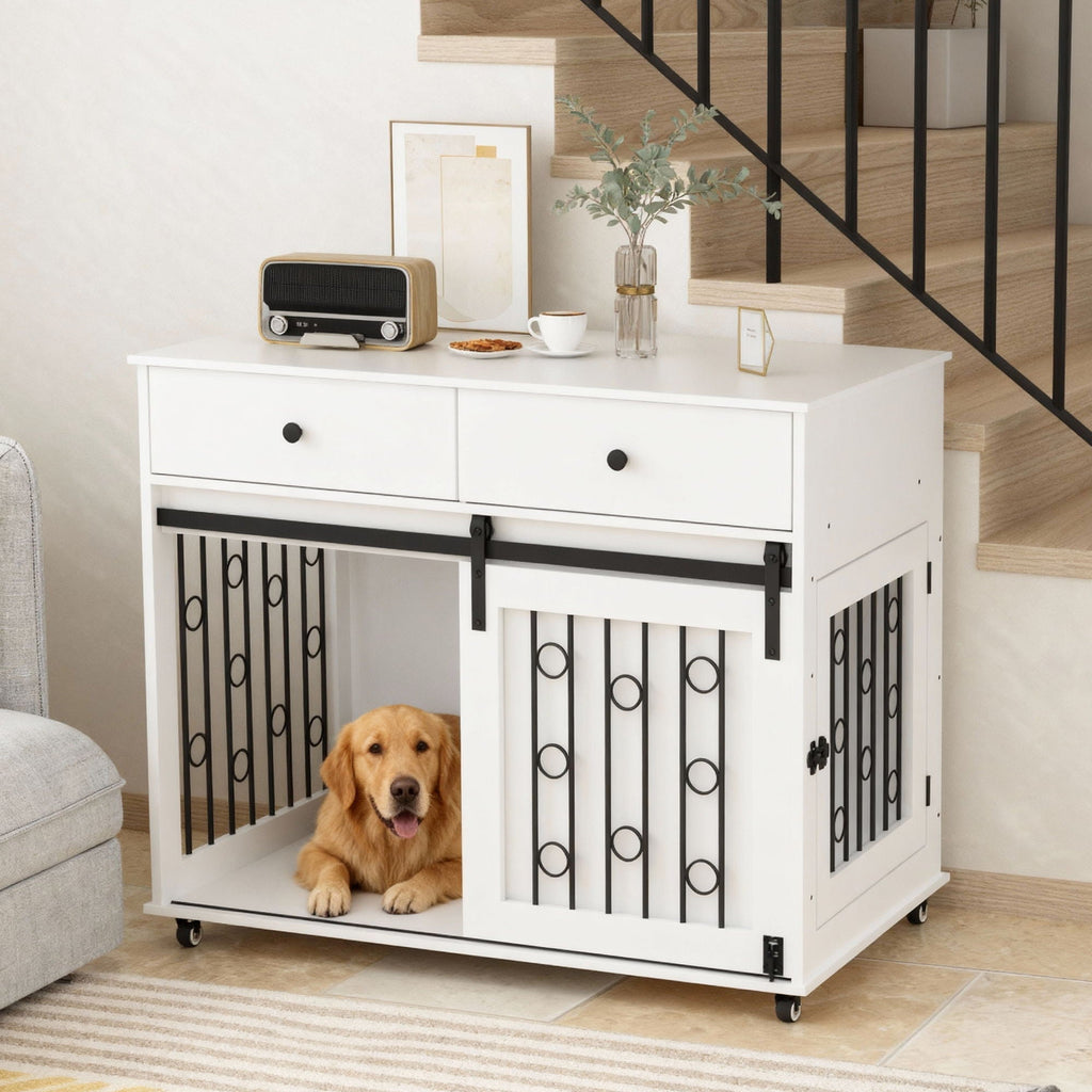 White dog crate furniture with two drawers, open front and golden retriever inside