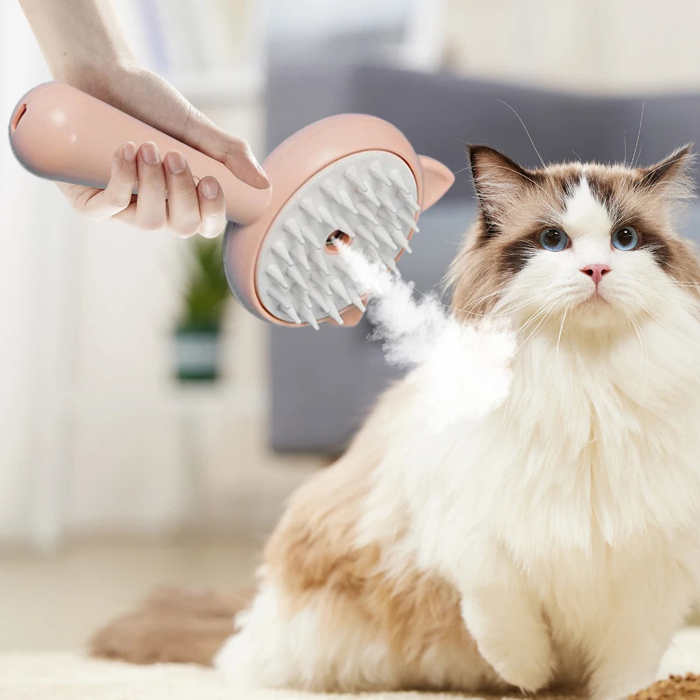Rechargeable pet mist grooming slicker brush with white bristles, peach handle releasing spray mist