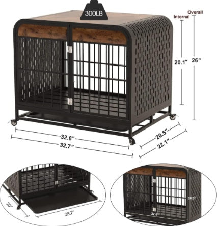 Dog crate table size diagram: 32.7"x32.6" base, 20.1" height, 300lb capacity