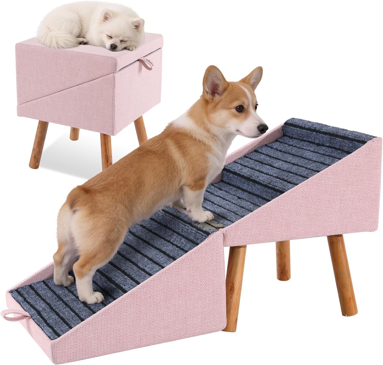 Folding pet stairs ottoman in mauve fabric with dark blue non-slip tread