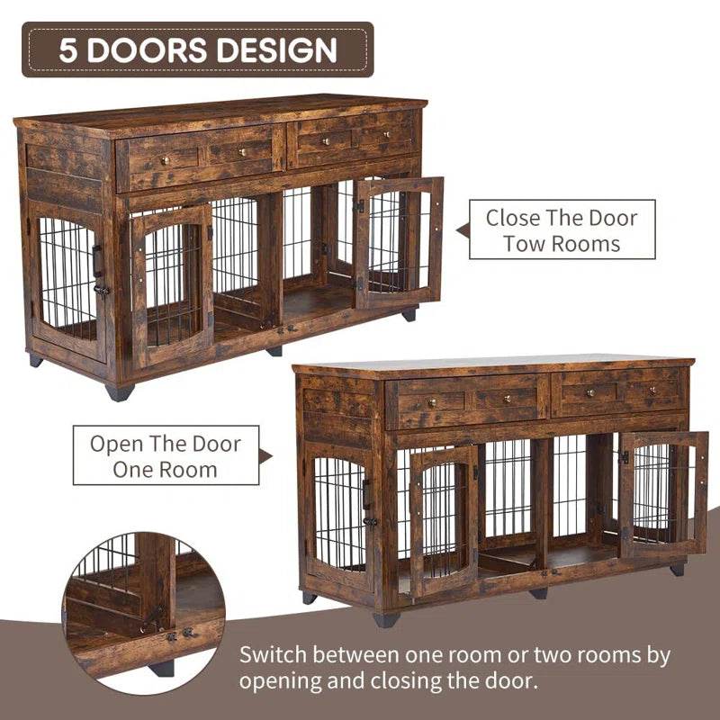 Rustic brown dog crate console with 5 doors for switching between one or two rooms