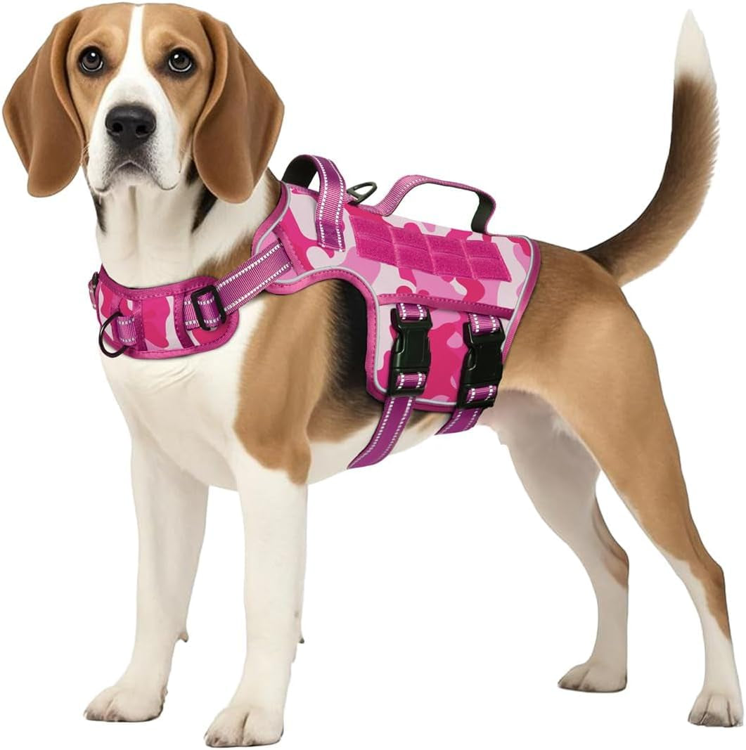 Dog tactical harness vest in pink with padded chest panel and front buckle straps