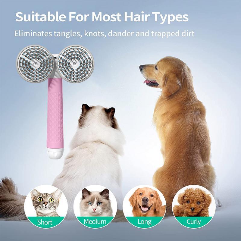 Dual-headed pet grooming brush with circular stainless comb heads for short to curly coats
