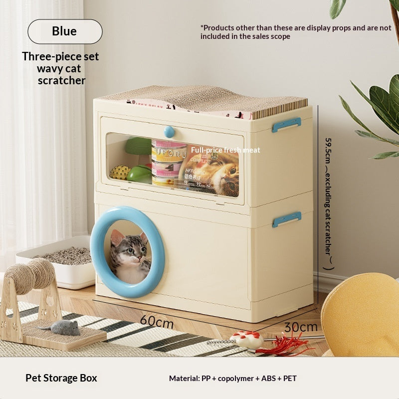 Pet storage box with cat scratcher, cream box with blue pet ring and drawer