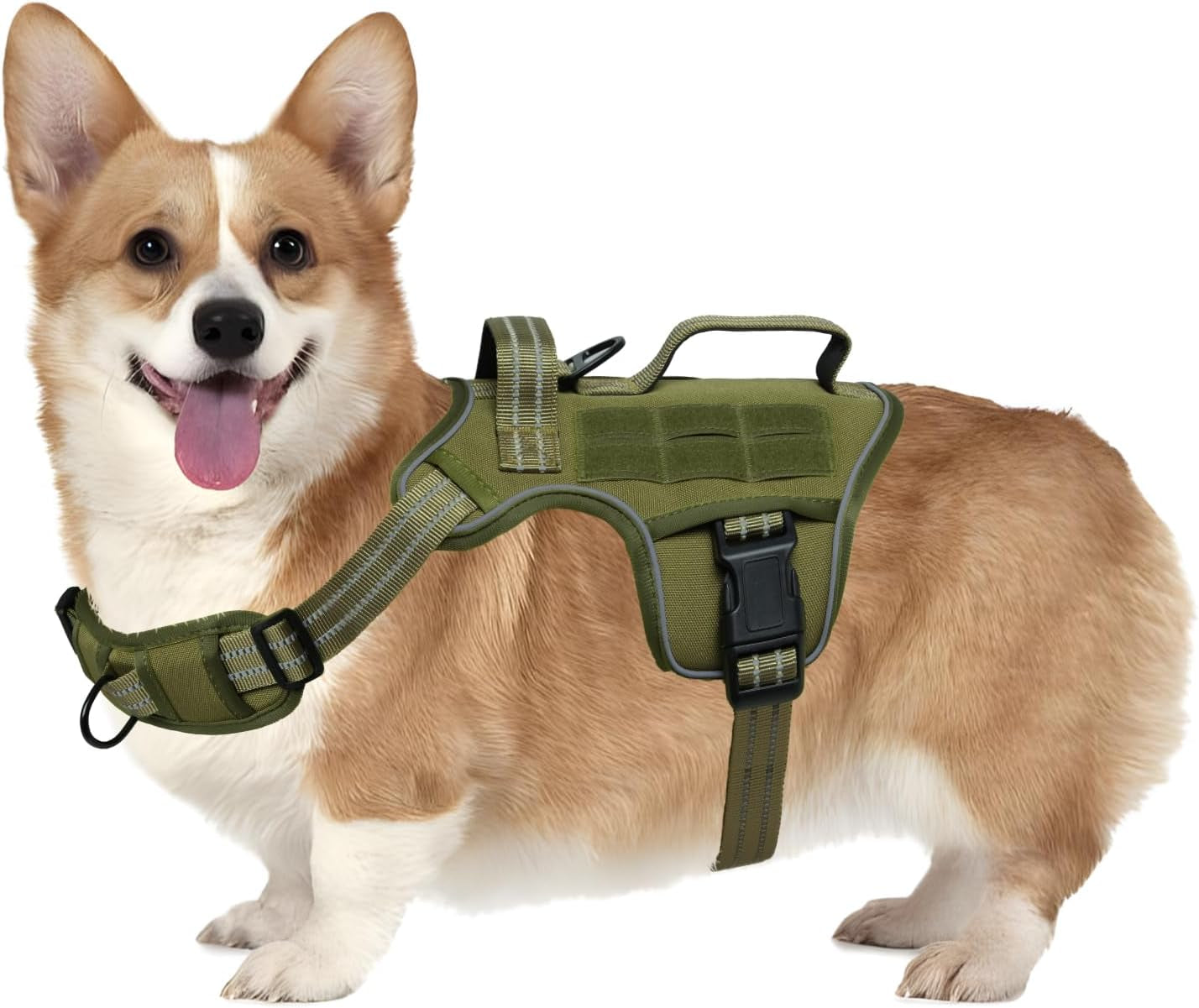 Olive green dog tactical harness with front chest straps and side buckle tabs