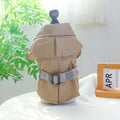 Khaki pet trench coat back view with wide collar and plaid-trimmed belt