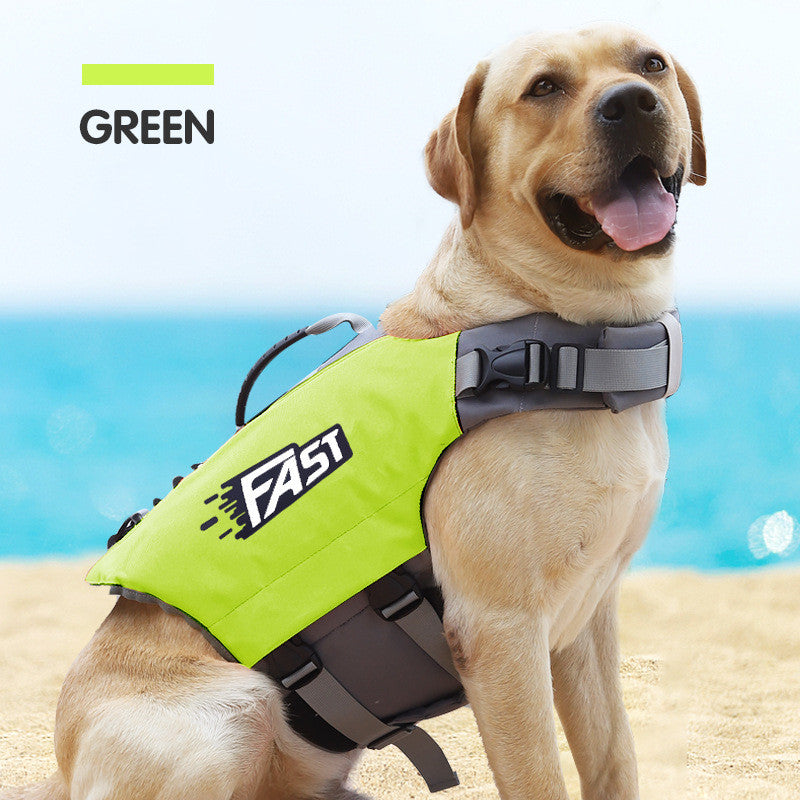 Green pet reflective life jacket with FAST logo, black buckles, and handle loop