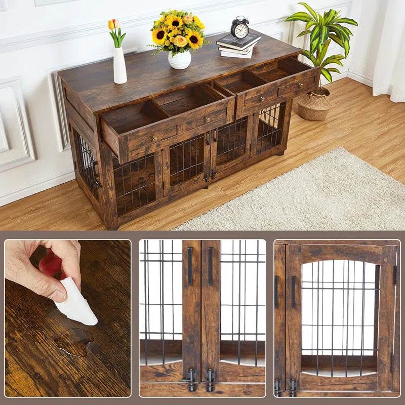 Rustic brown dog crate console with wire doors; latch panel close-up inset